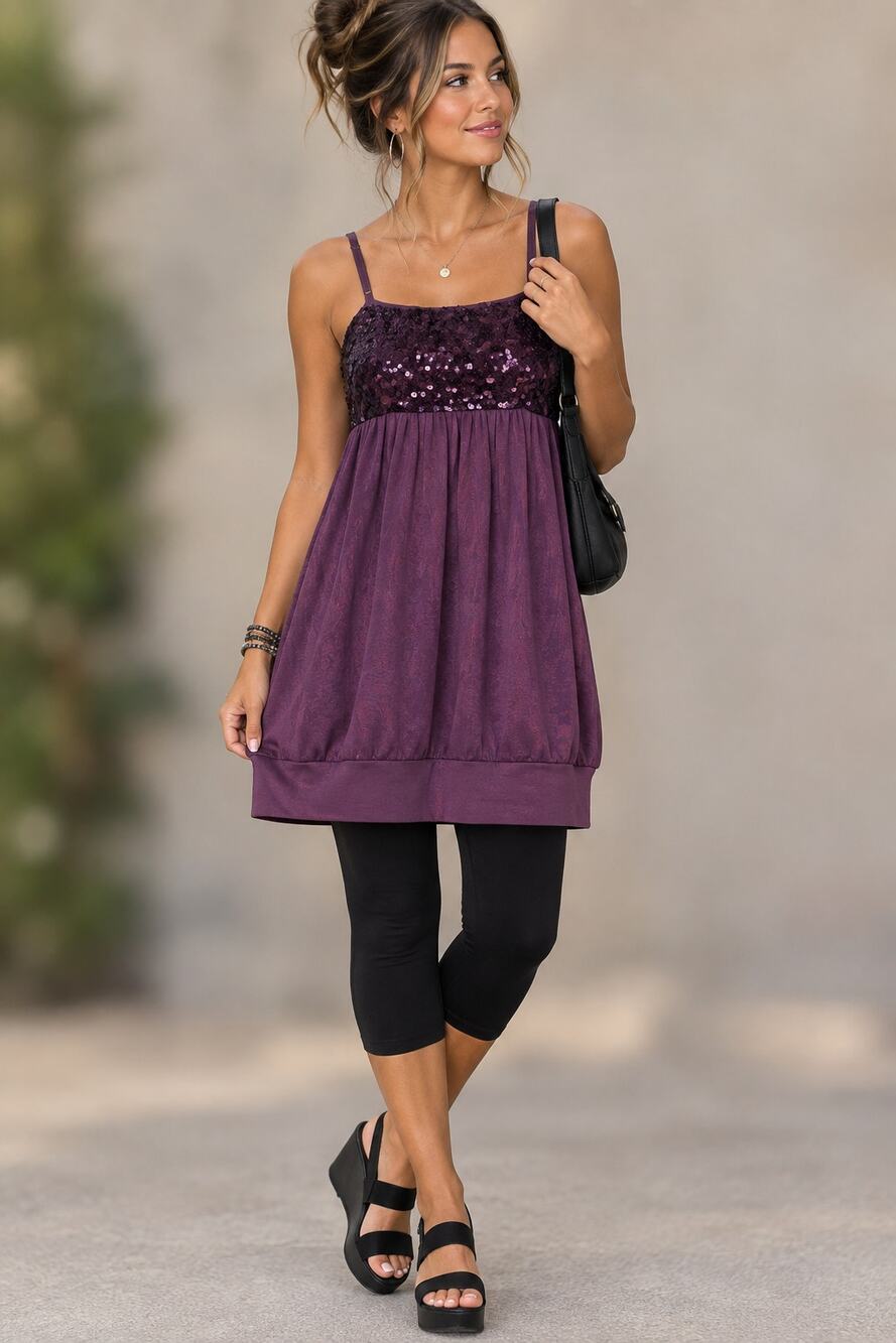 Motivi Y2K Purple Sequin Bubble Hem Babydoll Cami Top 2000s Going Out Coquette